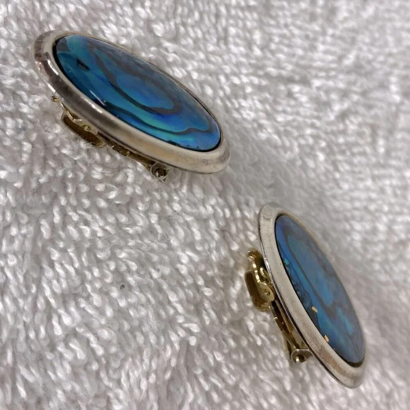 Vintage Blue Faux Abalone W Silver Tone Trim Oval Clop On Earrings - Picture 4 of 9